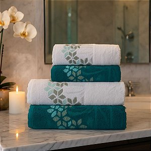 Jogo De Banho 4 Peças 350g/M²  Florença 100% Algodão Branco/Verde