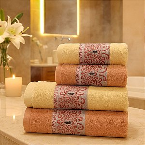 Jogo De Banho 4 Peças 350g/M²  Hanna 100% Algodão Cor:Rosa/Amarelo