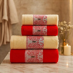 Jogo De Banho 4 Peças 350g/M²  Hanna 100% Algodão Cor:Vermelho/Amarelo