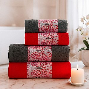 Jogo De Banho 4 Peças 350g/M²  Hanna 100% Algodão Cor: Vermelho/cinza