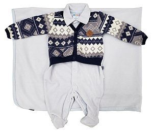 Saída Maternidade de Plush com casaco de tricô e manta Azul - Tamanho P - Paraíso - Ref.: 9666