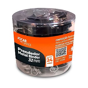 Prendedor de Papel Jocar Preto 32mm pacote com 24 unidades