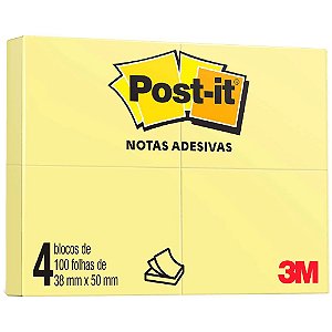 Bloco Adesivo Post-it 3M Amarelo 38 x 50 mm com 4 Blocos
