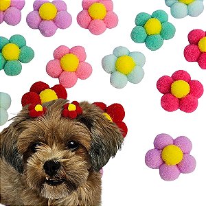 Laço Pet Flor de Pompom Com Cores Sortidas