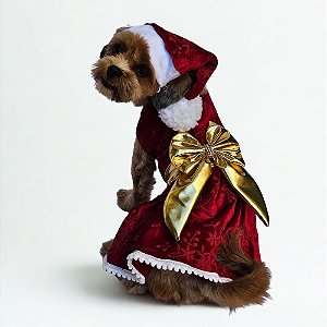 Conjunto Vestido e Gorro Mamãe Noel Pet Luxo Natal
