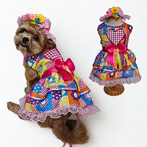 Conjunto Pet Vestido e Chapéu de Palha Festa Junina