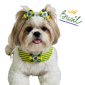 Conjunto Pet Gargantilha EVA e Par de Laços Brasil Copa do mundo