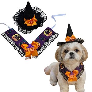 Conjunto Pet Bruxa Halloween Gargantilha e Chapeu Regulável