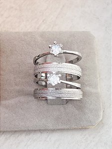 Par de Alianças diamantadas + solitários - Aço inox