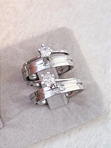 Par de aliança friso com zircônia + solitários - Aço Inox
