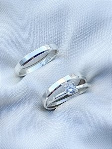 Par de Aliança Chanfrada + Solitário Encanto- Prata 950