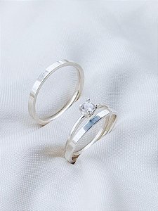 Par de Aliança Holanda 2mm + Solitário Encanto - Prata 950