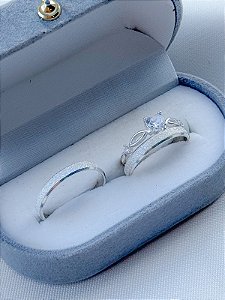 Par de aliança diamantada + Solitário Love Cristal - Prata 950