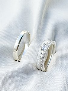 Par de Aliança Snow 3mm + Solitário Romantic - Prata 950