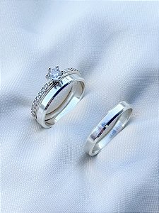 Par de Aliança Chanfrada + Solitário Romantic - Prata 950