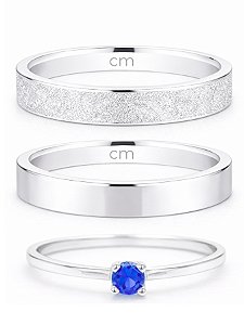 Par de Aliança snow 3mm reto + Solitário azul - Prata 950