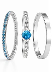 Par de Aliança Polonia com pedra azul + Solitário romantic - Prata 950