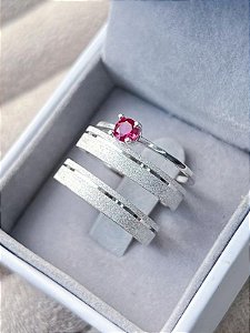 Par de Aliança Delicate + Solitário Rosa - Prata 950