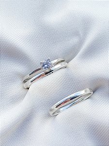 Par de Aliança Julieta 2mm + Solitário Encanto cristal - Prata 950