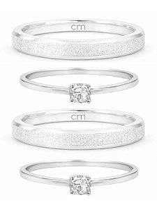 Par de Aliança Diamantada 3mm + Solitários - Prata 950