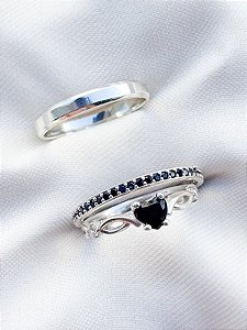 Par de Aliança Polonia com pedra Black + Solitário Love- Prata 950