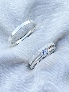 Par de Aliança Snow reta 2mm + Solitário - Prata 950