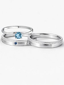 Par de Aliança Capadócia com pedra azul + Solitário - Aço Inox