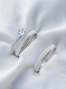 Par de Aliança Diamantada + Solitário Romantic - Prata 950