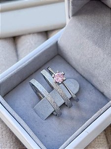 Par de Aliança diamantada 2mm + solitário rosa - Aço Inox