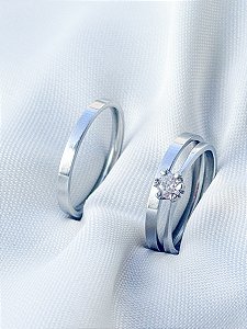 Par de Aliança Holanda 2mm + Solitário - Aço Inox