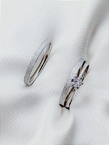 Par de Aliança diamantada 2mm + solitário - Aço Inox