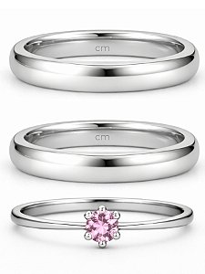 Par de Alianças Julieta 3mm + Solitário Rosa - Aço Inox