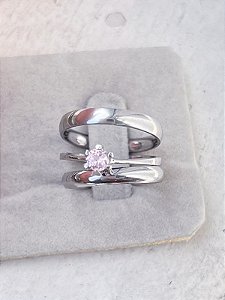 Par de Alianças Julieta 3mm + Solitário Rosa - Aço Inox