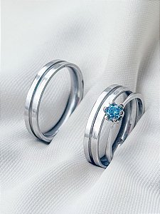 Par de Aliança friso + Solitário Azul - Aço Inox