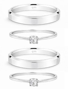 Par de Aliança Chanfrada + Solitários - Prata 950