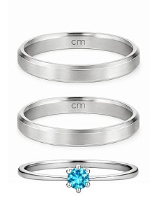Par de Aliança Chanfrada + Solitário azul - Aço Inox