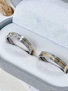 Par de aliança Fio de ouro com pedra - Aço Inox