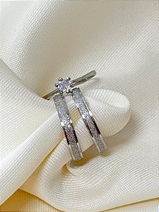 Par de aliança diamantada 3mm + solitário - Aço Inox