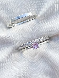Par de aliança Polônia com pedra Rosa + Solitário Rosa - Prata 950