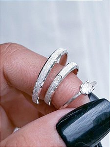 Par de Aliança Diamantada com pedra + Solitário - Prata 950
