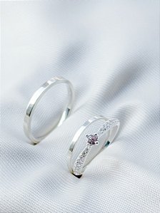 Par de Aliança Holanda 1,5mm e 2mm + Solitário Cinderela - Prata 950