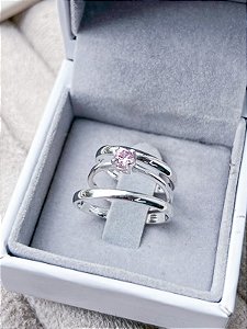 Par de Aliança Julieta 2mm + Solitário Rosa claro - Prata 950