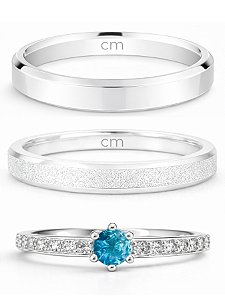 Par de Aliança Snow 3mm + Solitário Rapunzel Azul - Prata 950