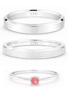 Par de Aliança Snow 3mm + Solitário Encanto Rosa Claro - Prata 950