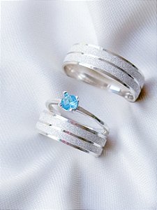 Par de Aliança Diamantada 6mm + Solitário azul - Prata 950