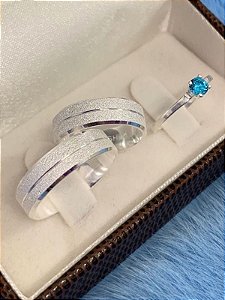 Par de Aliança Diamantada 6mm + Solitário azul - Prata 950