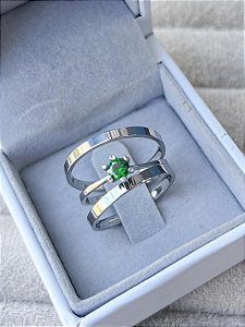 Par de Aliança Holanda 2mm + Solitário Verde- Aço Inox