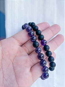 Pulseira Conexão de Casal - Ágata Negra e Ametista