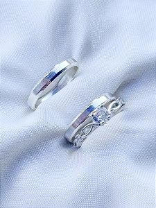 Par de Aliança Chanfrada + Solitário Love cristal - Prata 950