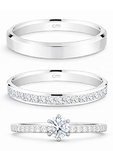 Par de Aliança Jessy + Solitário Crown - Prata 950